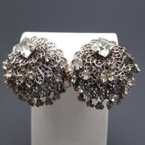 Vintage Waterfall Clip Earrings, Clear Rhinestones, Silver Tone Filigree Dangles